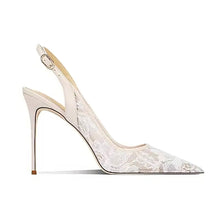 Load image into Gallery viewer, Designer bridal heels white lace heels bride heels designer heels ysl gucci Chloe
